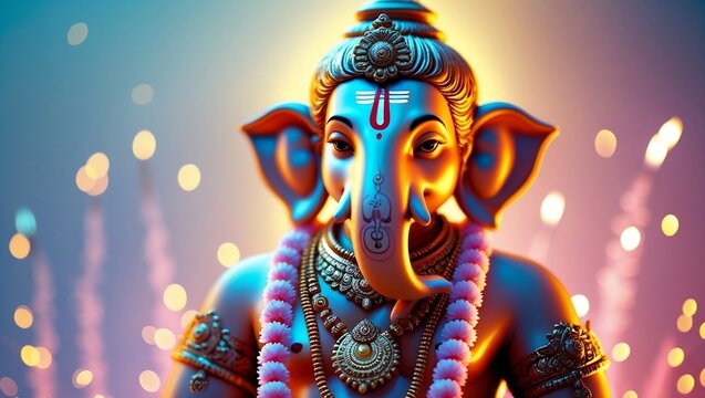 Lord Ganesha Portrait with Illuminated Background &ndash; Symbol of Divinity, Wisdom, and Festivity