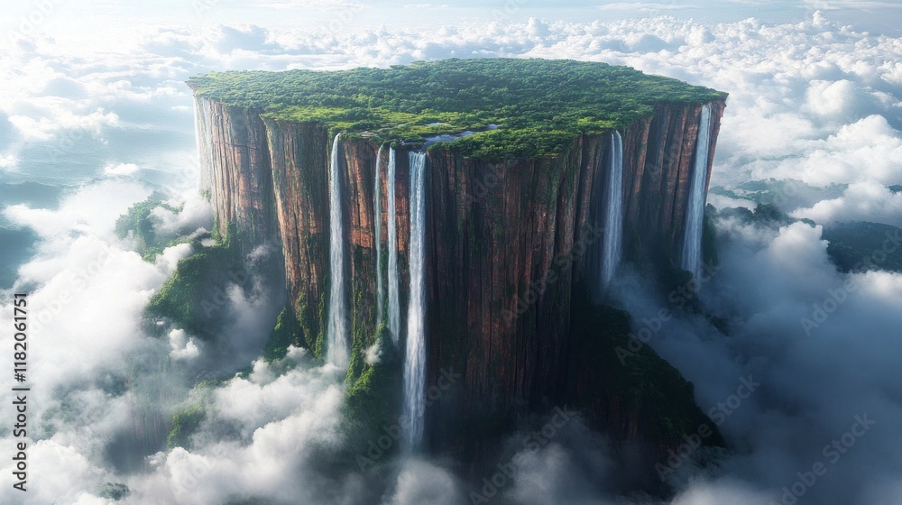 Poster hovering high above the clouds, an extraordinary mountain displays vibrant vegetation interspersed w