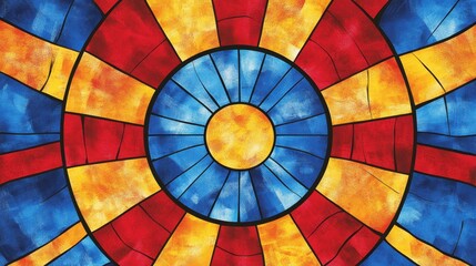 Obraz premium Vibrant Circular Stained Glass Design with Red Yellow and Blue Colors
