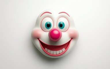 3D emoji clown face with a pink nose, teal eyes, and a silly smile, simple design, flat shading, white isolated background 