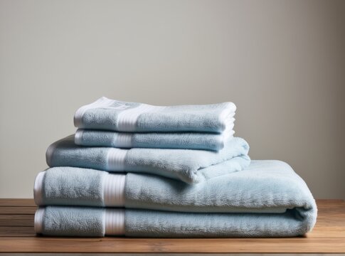 Soft blue towels neatly stacked on a wooden surface in a calm, minimalist setting