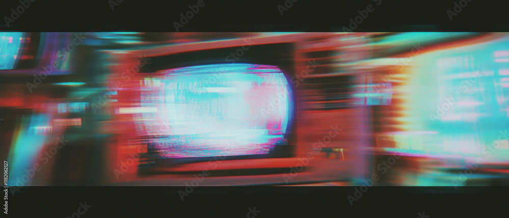 Poster exploring the aesthetics of glitch art with distorted vhs visuals and nostalgic colors