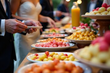 Obraz premium Wedding guests enjoying a variety of candies at the dessert bar, sweets, candy buffet, dessert table