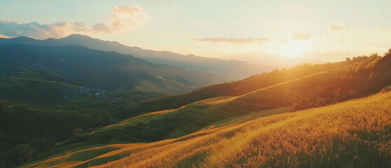Golden rice fields on terraced hills during sunset in Asia's serene landscape