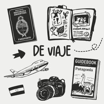 Set de viaje, avi&oacute;n, pasaporte argentino, guia turistica, camara de fotos, argentina, patagonica, vectorial editable, doodles, icon