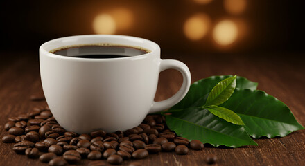 Fototapeta premium Cup of black coffee with beans and leaves 
