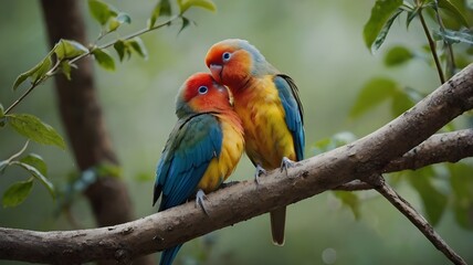 Fototapeta premium two colorful lovebirds perched on a branch in a natural outdoor setting, romantic birds