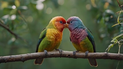 Fototapeta premium two lovebirds perched on a branch in a natural outdoor setting, romantic birds