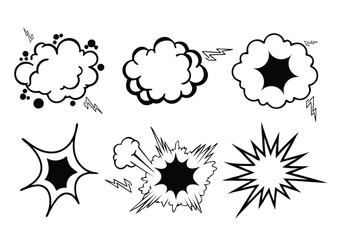Set of splashes, Comic Style Burst and Cloud line art silhouette, Set of Burst and Explosions Vector Icons.