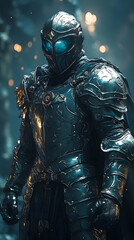 Fototapeta premium A Powerful Knight in Dark Fantasy Armor Glowing with Mysterious Energy