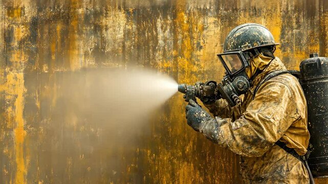 Firefighter sprays water to extinguish flames during a training exercise at a fire academy in the afternoon