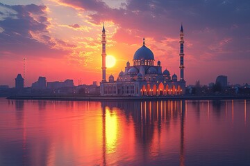 Obraz premium Large moon is reflected in the water of river, and mosque with dome. Ramadan Holiday Card