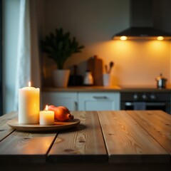Wooden table with a warm candlelight glow amidst soft kitchen textures, textures, warm ambiance, table