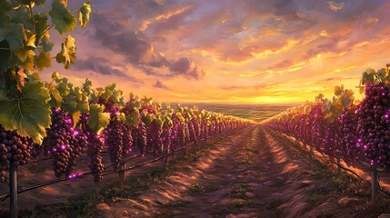 Naklejka premium Vibrant Vineyard Sunset Landscape