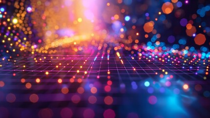 Fototapeta premium Abstract colorful grid surrounded by glowing particles,