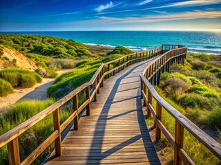 Obraz premium Scenic Wooden Boardwalk Path in Dehesa de Campoamor, Spain - Coastal Summer Vacation