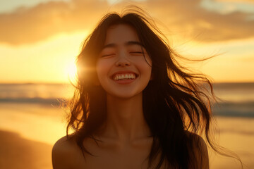 Fototapeta premium A woman stands on the beach at sunset, her hair blowing in the wind, her eyes closed in pure joy and a wide smile on her face. Generative AI