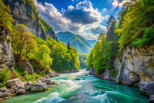 Scenic Spring in Khosta River Gorge, Sochi, Russia: White Rocks of Devil's Gate Canyon