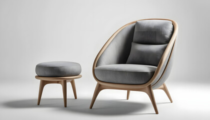 Obraz premium Modern gray armchair with wooden frame and ottoman.