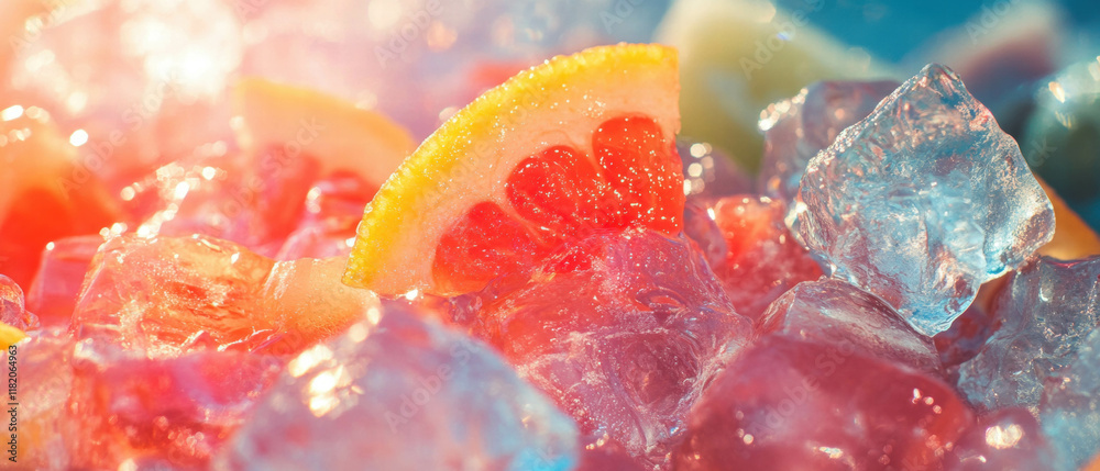 Poster refreshing colorful drink with ice and citrus served on a sunny day