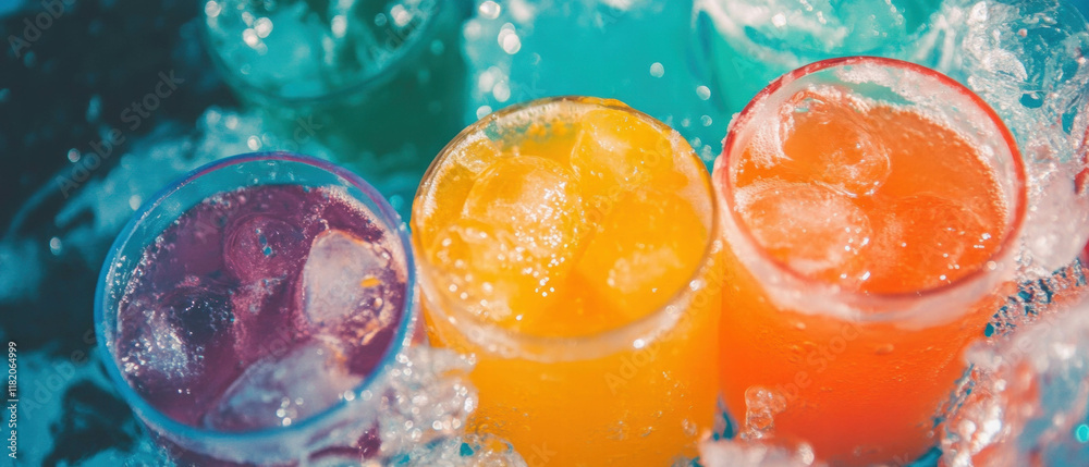 Poster refreshing colorful drinks with ice in vibrant hues for a summer delight
