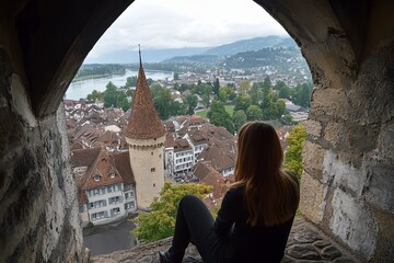 Panorama view of Thun from the castle, Switzerland.
