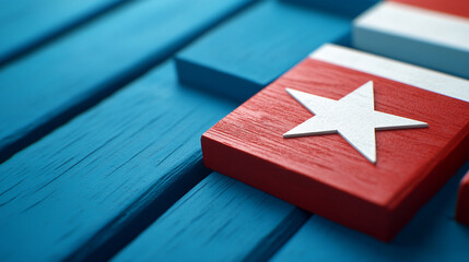 Close-up of colored wooden blocks with a star on blue background for creative designs.