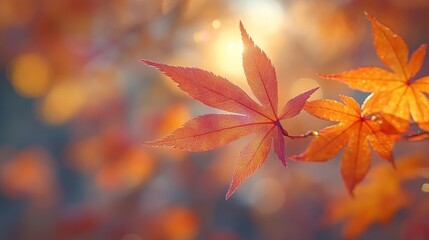 A close-up of vibrant autumn leaves illuminated by soft sunlight, showcasing the beauty of nature.