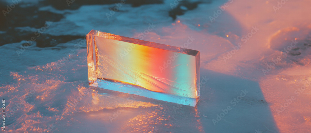 Poster colorful light refracting through frozen prism on icy surface creates a mesmerizing display