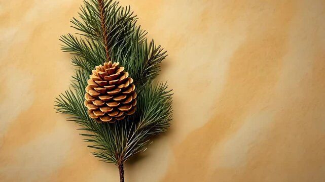 Decorative pinecone and evergreen branch against a warm textured background in a cozy indoor setting