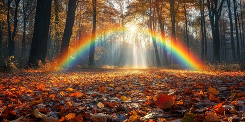 A vibrant rainbow shining over a park with scattered autumn leaves, representing the magical beauty of nature and positivity.