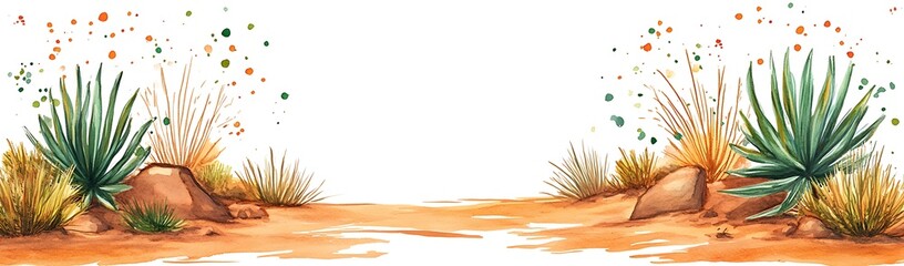 Watercolor Desert Landscape with Cactus and Rocks