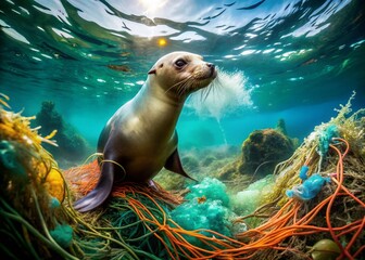 Fototapeta premium Sea Lion Entangled in Plastic: Ocean Pollution & Eco Activism