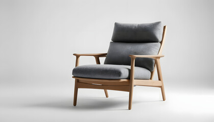 Fototapeta premium Modern gray fabric armchair with light wood frame on white background.