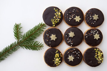 Sandwich cookies with peanut butter, dark chocolate and romantic decoration