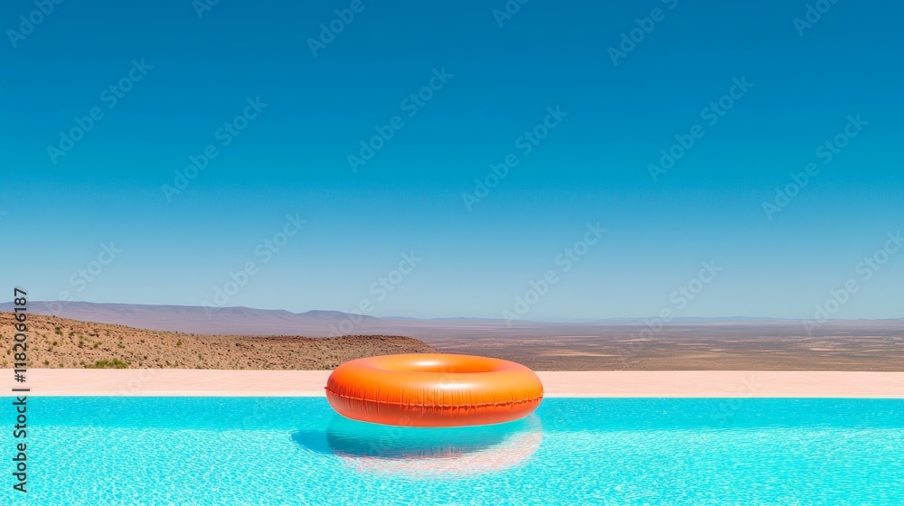 Poster orange inflatable ring floating in a turquoise infinity pool overlooking a vast desert landscape und