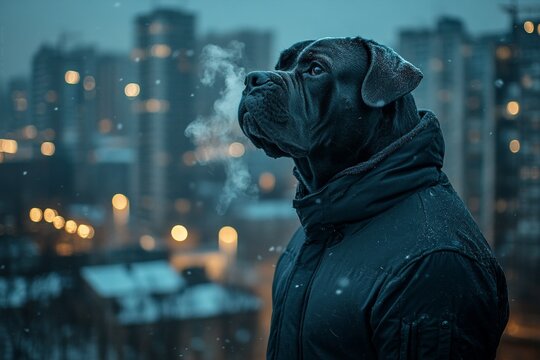 Social ad campaign - &ETH;&deg;nimal care. Problem of cold animals. Sad cute adult dog cane corso in winter warm clothes, winter breath from nose and mouth in frosty breeze. Dog cold weather gear.