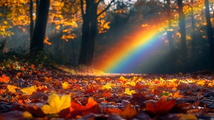 A vibrant rainbow shining over a park with scattered autumn leaves, representing the magical beauty of nature and positivity.