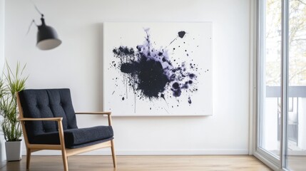 Abstract ink splatters on white canvas contemporary art display inviting home environment minimalist design perspective