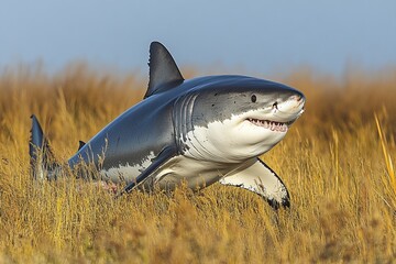 A surreal image of a shark emerging from tall grass, blending aquatic and terrestrial environments.