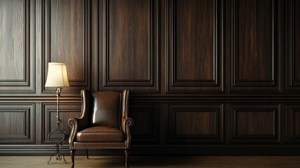 Fototapeta premium A cozy, elegantly furnished space featuring a brown leather tufted armchair next to a small wooden side table with a lit lamp.