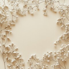 Fototapeta premium Beige background with dried white flowers forming a frame.