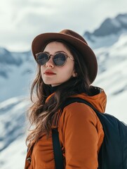 Hipster female traveler in stylish sunglasses and brown hat, wearing orange jacket, poses against majestic snow-covered Caucasus mountains in a serene winter landscape.