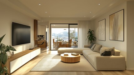 A living room with a large couch and a coffee table. There is a television in the room