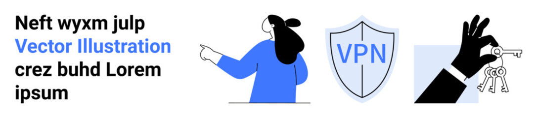 Woman pointing right with a shield labeled VPN, a hand holding keys, representing cybersecurity, secure access, data privacy, and online protection. Ideal for technology, IT services, privacy tools