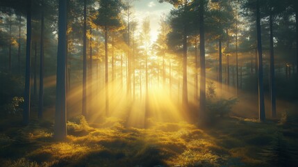 Obraz premium Golden sunbeams shining through the trees of a misty forest at sunrise, creating a magical and enchanting atmosphere filled with tranquility and serene beauty