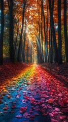 Obraz premium A vibrant rainbow shining over a park with scattered autumn leaves, representing the magical beauty of nature and positivity.