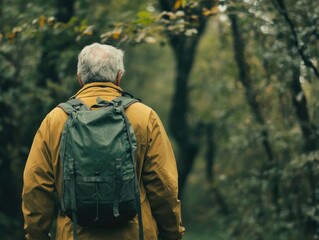 Elderly man in yellow jacket trekking through lush green forest with backpack, capturing a moment of exhaustion amidst serene nature landscape.