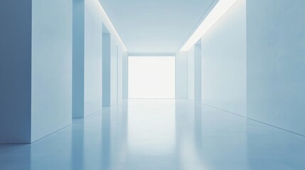 Obraz premium Modern minimalist laboratory interior with clean white walls and floor, bright natural light illuminating the space, emphasizing simplicity and clarity.