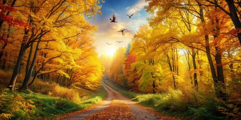 Fototapeta premium Serene Autumn Forest Path: Birdsong and Golden Leaves Stock Photo